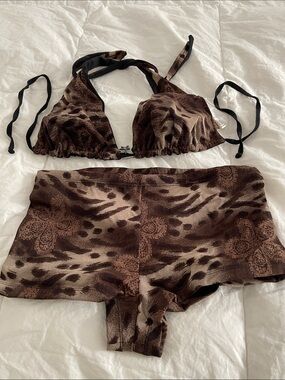 Brown Printed Halter Bralette & Boyshorts Set